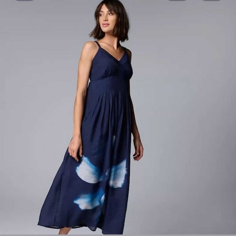 Simply Vera Wang Women's Pleated Maxi Dress Navy Floral Tank Lyocell Nylon XS